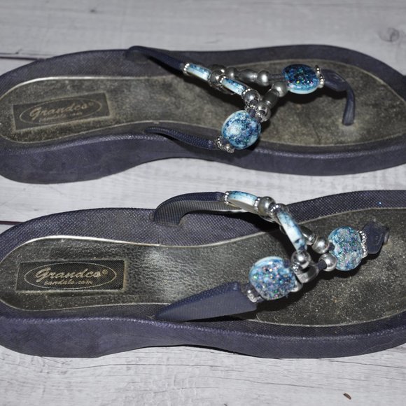 Grandco Sandals Thong Flip Flops With Sapphire Blue Shimmery Beads - Picture 5 of 9